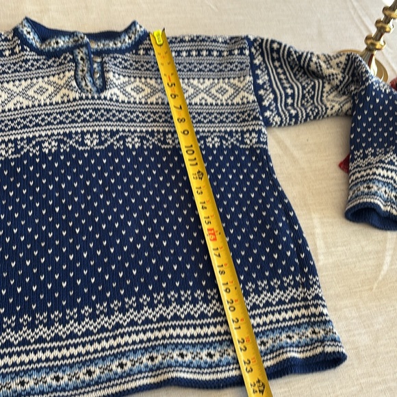 LL Bean Women's Blue White Fair Isle Cotton Crewneck 3 Button Sweater Medium - Picture 12 of 13